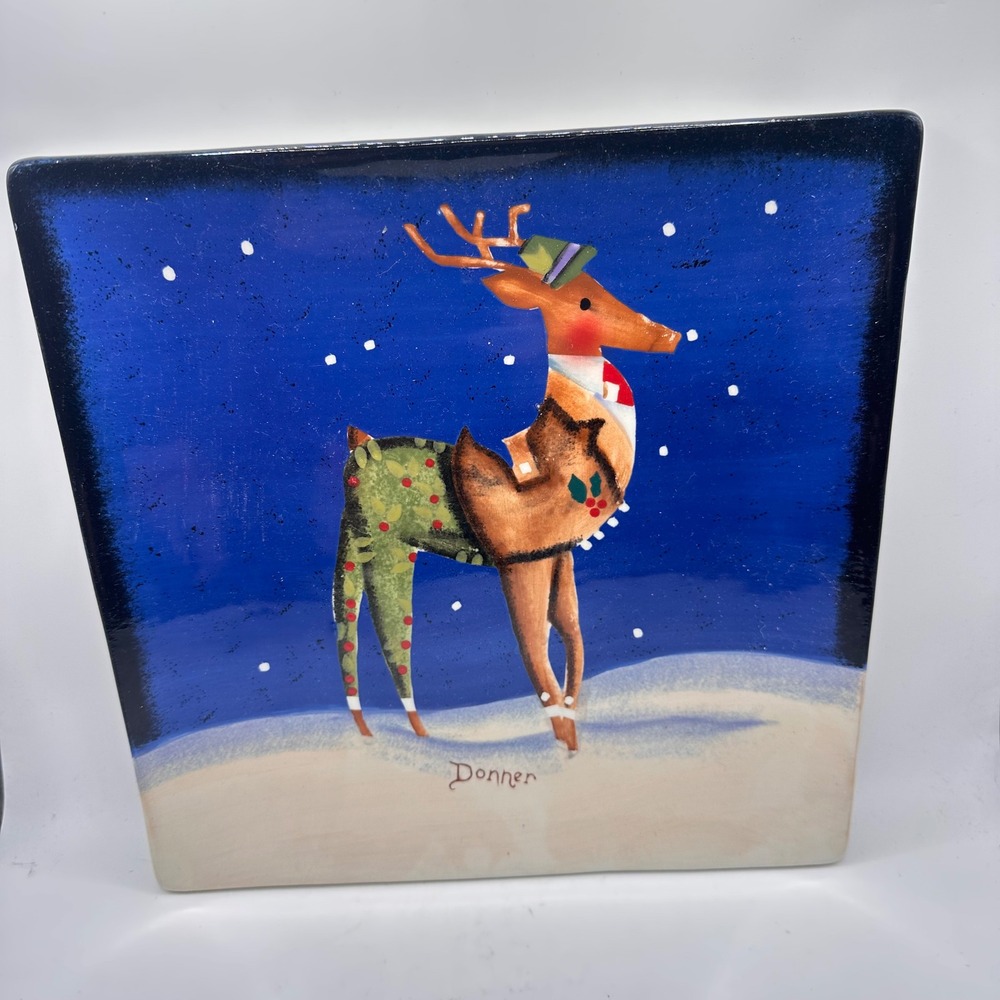 Nantucket Home Donner Reindeer Square Christmas Plate Rebecca Ruegger Vintage